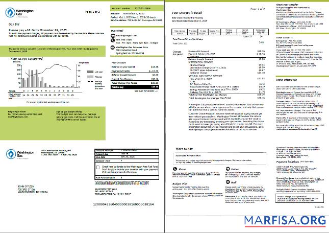 Downloadable USA Washington Gas utility bill template in Word and PDF formats, 2 pages